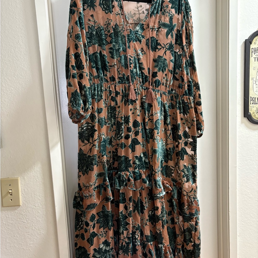 Green and Brown Smocked Tiered Sundress with Bishop Sleeves
